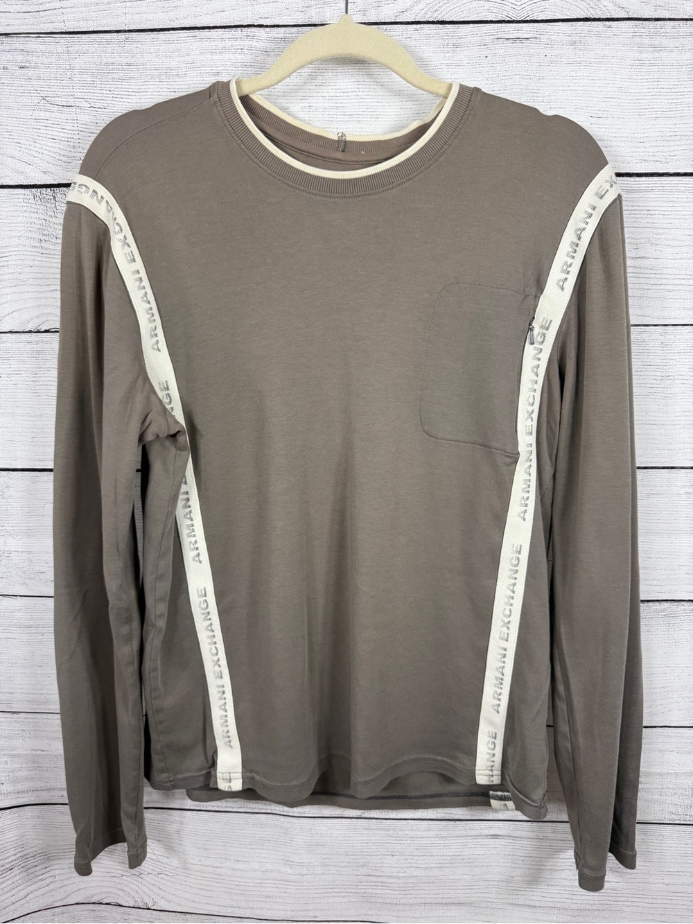 Armani Exchange Men's Long-Sleeve Crewneck Shirt Taupe with White Trim Sz M
